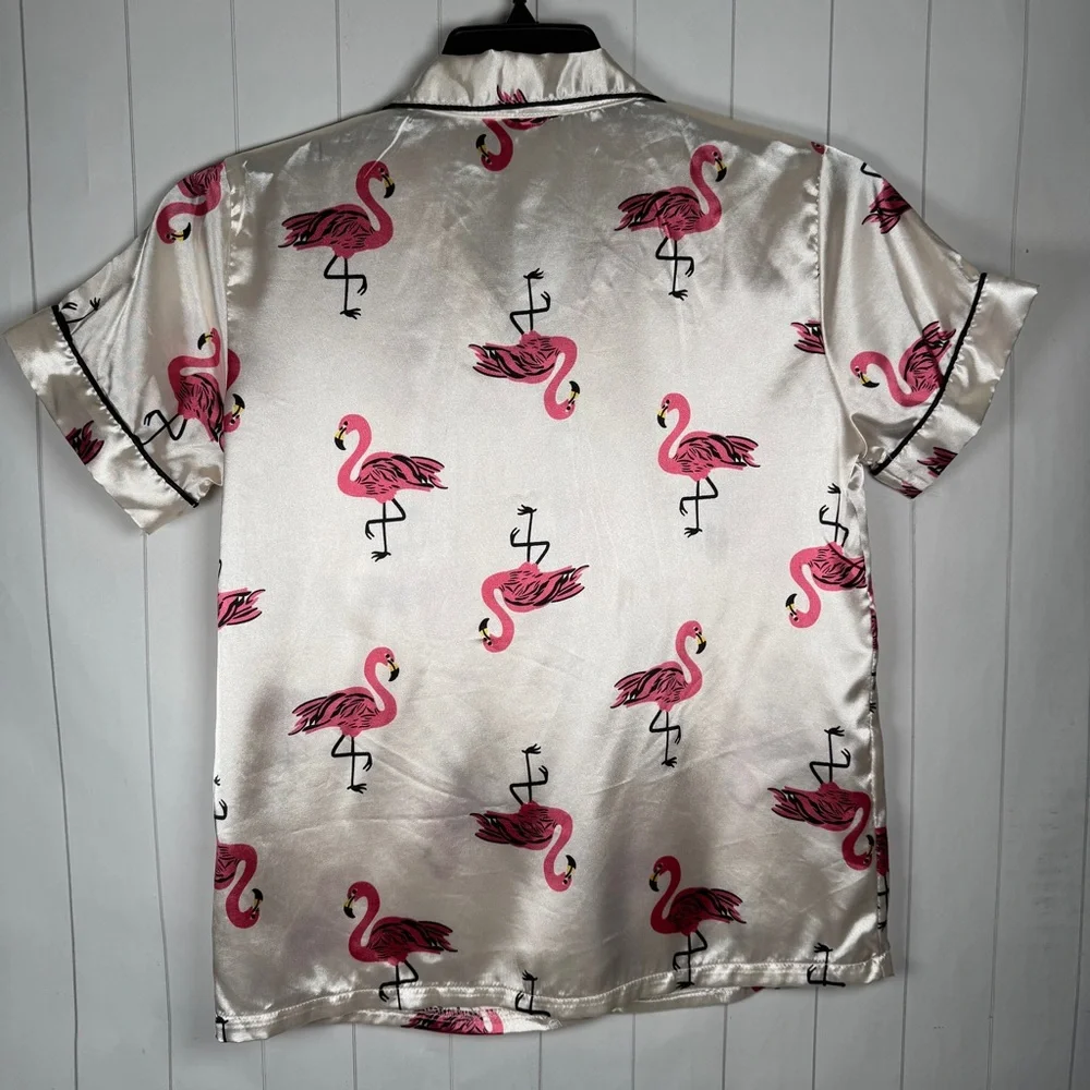 Flamingo Print Satin Button‎ Front Pajama Shirt Women’s Sleepwear Top size Small